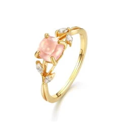 Bague Quartz Rose – Élégant Feuillu, Argent Plaqué Or -Moment Ici 16111415368 1210089348