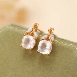 Boucles D’Oreilles Quartz Rose – Élégant Feuillu, Argent Plaqué Or