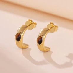 Boucles D’Oreilles Œil De Tigre – Cercle D’Or, Argent Plaqué Or