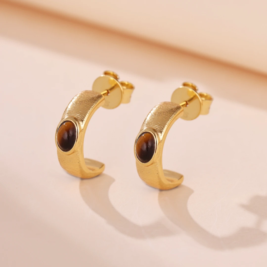 Boucles D’Oreilles Œil De Tigre – Cercle D’Or, Argent Plaqué Or 3 Boucles D’Oreilles Œil De Tigre – Cercle D’Or, Argent Plaqué Or