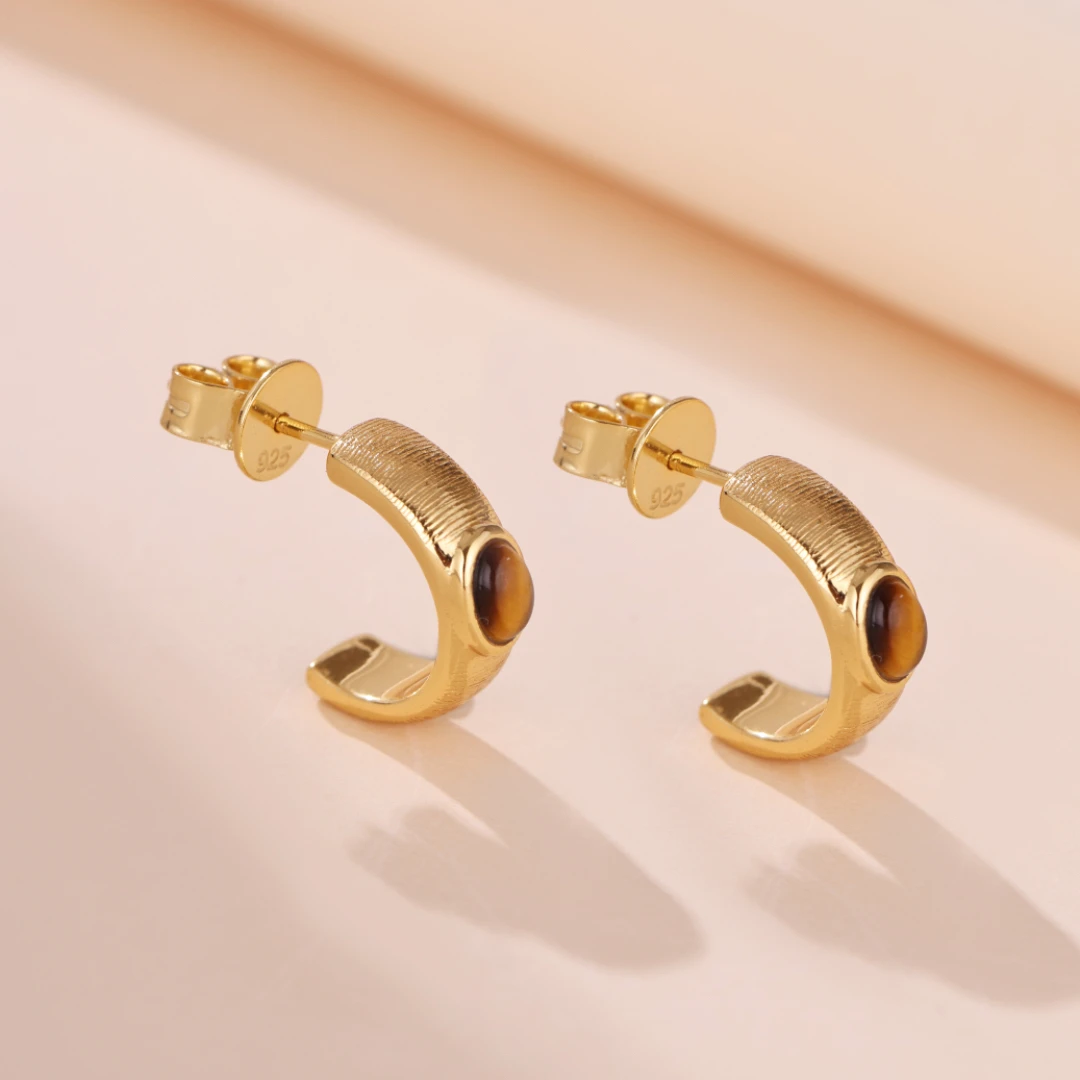 Boucles D’Oreilles Œil De Tigre – Cercle D’Or, Argent Plaqué Or 7 Boucles D’Oreilles Œil De Tigre – Cercle D’Or, Argent Plaqué Or – Image 5