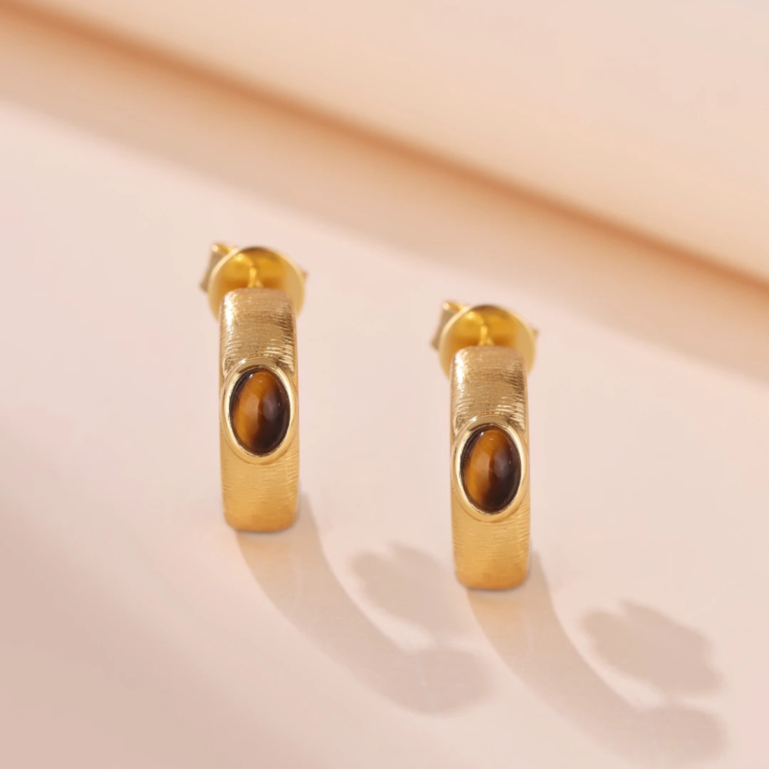 Boucles D’Oreilles Œil De Tigre – Cercle D’Or, Argent Plaqué Or 6 Boucles D’Oreilles Œil De Tigre – Cercle D’Or, Argent Plaqué Or – Image 4