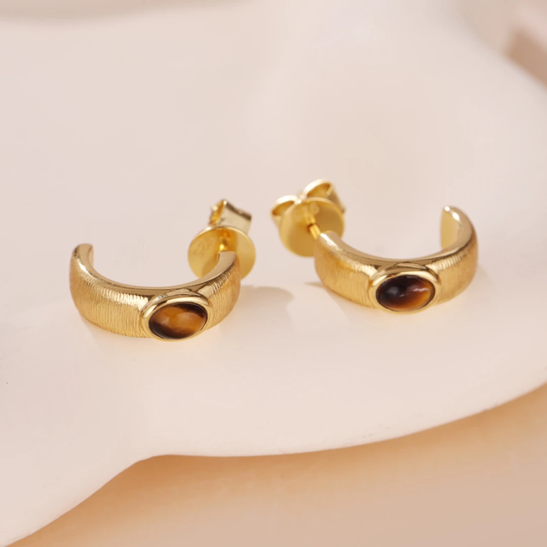 Boucles D’Oreilles Œil De Tigre – Cercle D’Or, Argent Plaqué Or 5 Boucles D’Oreilles Œil De Tigre – Cercle D’Or, Argent Plaqué Or – Image 3