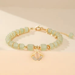 Bracelet Jade – Feuille Ginkgo, Argent Plaqué Or 12 Bracelet Jade – Feuille Ginkgo, Argent Plaqué Or -Moment Ici IMG 8967