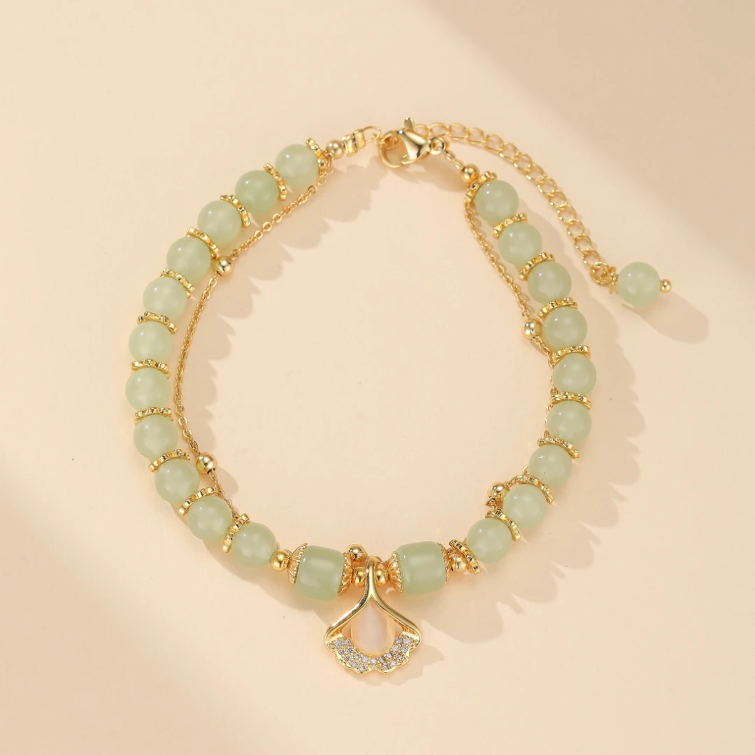 Bracelet Jade – Feuille Ginkgo, Argent Plaqué Or 3 Bracelet Jade – Feuille Ginkgo, Argent Plaqué Or