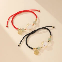 Bracelet Lapin En Jade – Porte Bonheur, Plaqué Or Et Fil Rouge