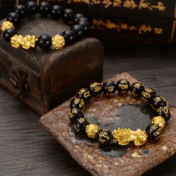 Bracelet « Protection » Pi Xiu Et Six Mantras -Moment Ici Pixiu en Obsidienne Noire 6