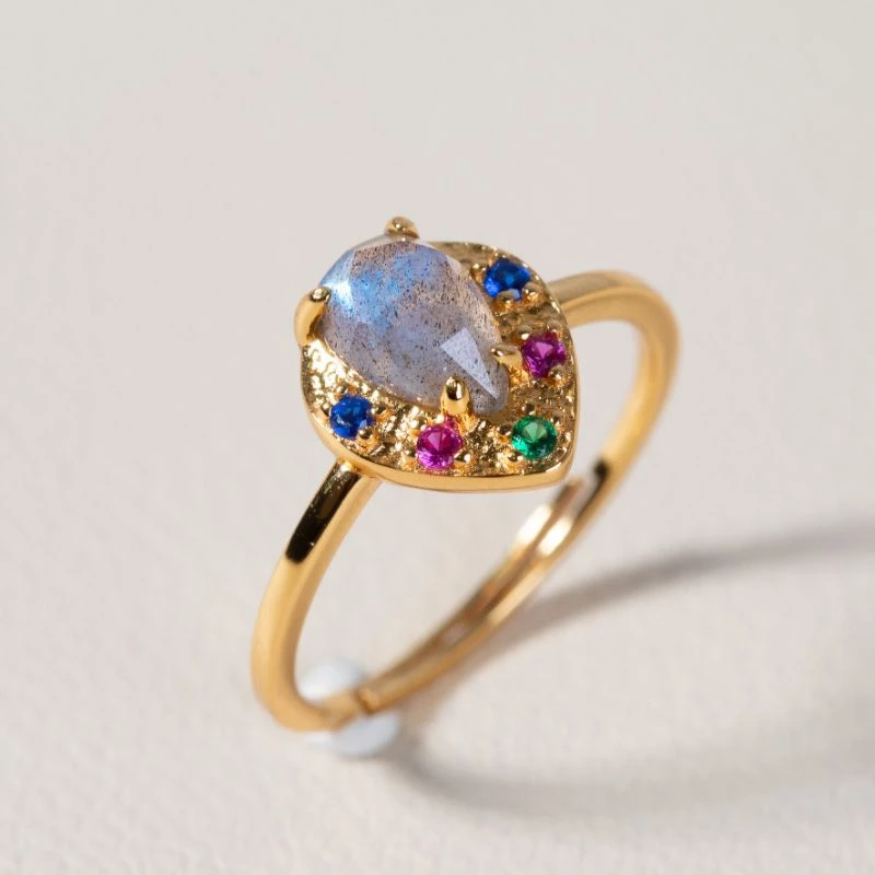 Bague Labradorite – Feuille Scintillante, Argent Plaqué Or 3 Bague Labradorite – Feuille Scintillante, Argent Plaqué Or