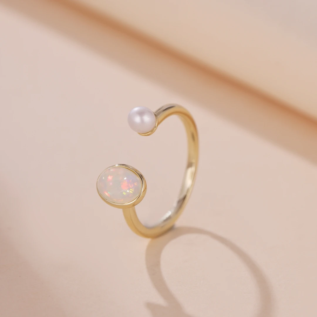 Bague Opale Et Perle – Mélodie Du Ciel, Argent Plaqué Or 3 Bague Opale Et Perle – Mélodie Du Ciel, Argent Plaqué Or