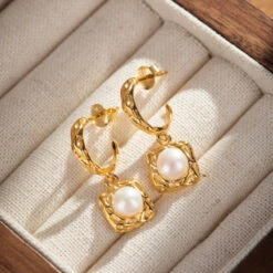 Boucles D’Oreilles Perle – Caresse Subtile, Argent Plaqué Or -Moment Ici bague perle rosee matinale argent plaque or 24