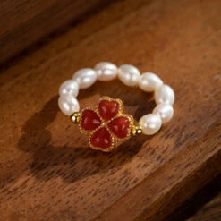 Bague Perle – Trèfle Charmant, Argent Plaqué Or -Moment Ici bague perle rosee matinale argent plaque or 97