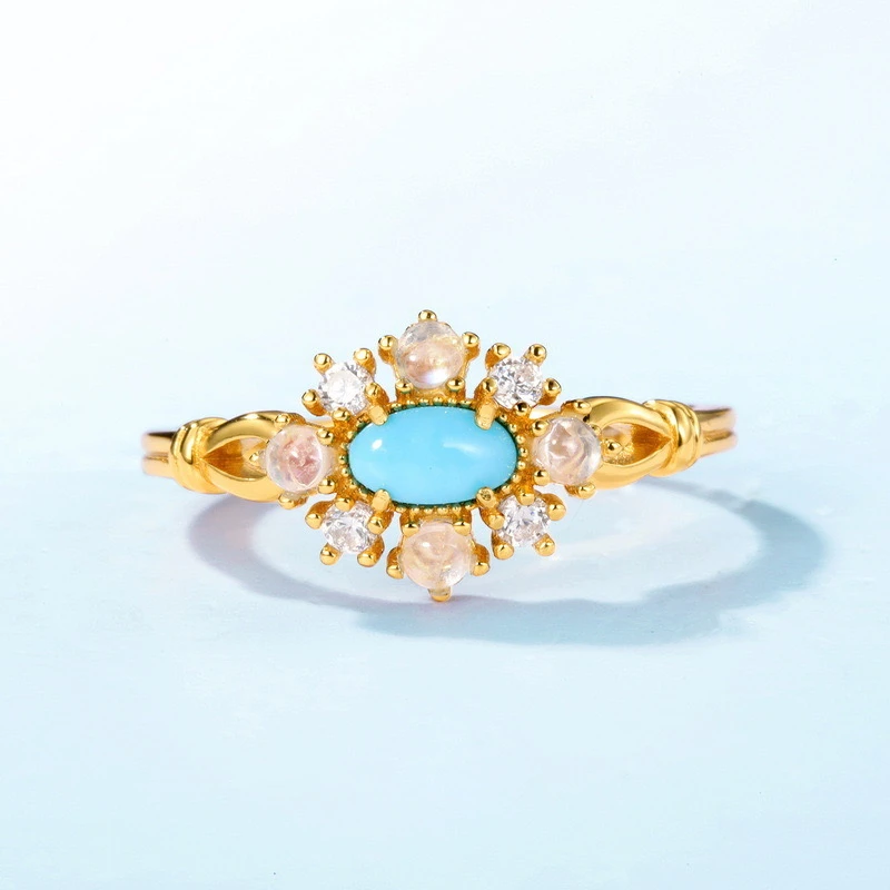 Bague Turquoise Et Pierre De Lune – Ciel D’Été, Argent Plaqué Or 3 Bague Turquoise Et Pierre De Lune – Ciel D’Été, Argent Plaqué Or