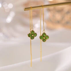 Boucles D’Oreilles Trèfle En Jade – Porte-Bonheur, Argent Plaqué Or