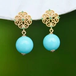 Boucles D’Oreilles Turquoise – Découpe Exquise, Argent Plaqué Or