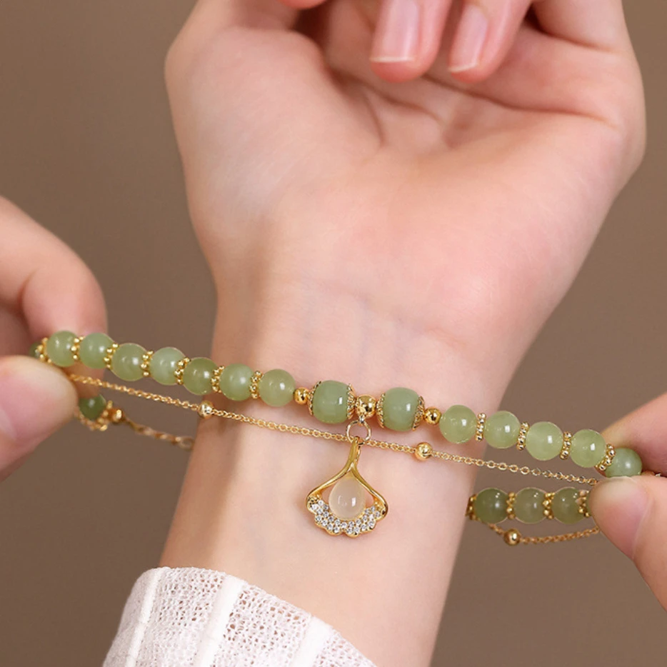 Bracelet Jade – Feuille Ginkgo, Argent Plaqué Or 7 Bracelet Jade – Feuille Ginkgo, Argent Plaqué Or – Image 5