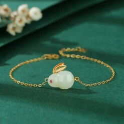Bracelet Lapin En Jade – Sagesse, Argent Plaqué Or
