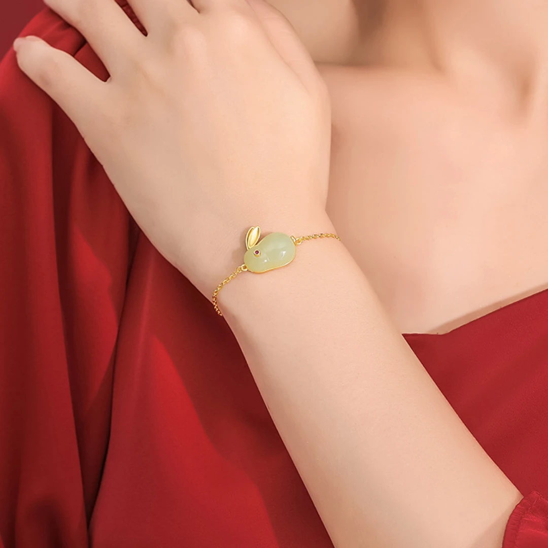 Bracelet Lapin En Jade – Sagesse, Argent Plaqué Or 4 Bracelet Lapin En Jade – Sagesse, Argent Plaqué Or – Image 2