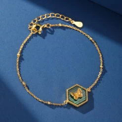 Bracelet Malachite – Élégance Papillon, Argent Plaqué Or