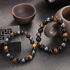 Bracelet « Tiqa » En Hématite, Obsidienne Et Œil De Tigre