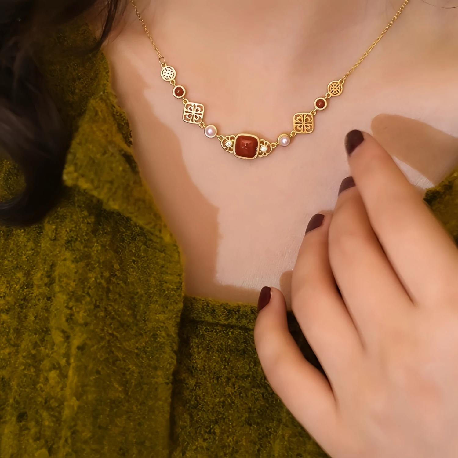 Collier Agate Et Perle – Charme Antique, Argent Plaqué Or 4 Collier Agate Et Perle – Charme Antique, Argent Plaqué Or – Image 2