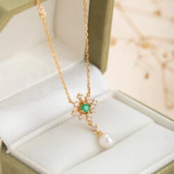 Collier Émeraude Et Perle – Étoile Divine, Argent Plaqué Or