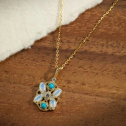 Collier Pierre De Lune – Turquoise Florale, Argent Plaqué Or