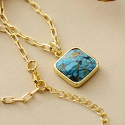 Collier Turquoise – Carré De Cyan, Argent Plaqué Or