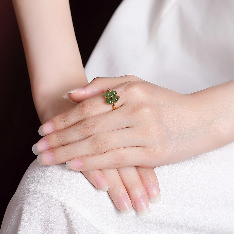 Bague Trèfle En Jade – Promesse De Bonheur, Argent Plaqué Or 4 Bague Trèfle En Jade – Promesse De Bonheur, Argent Plaqué Or – Image 2