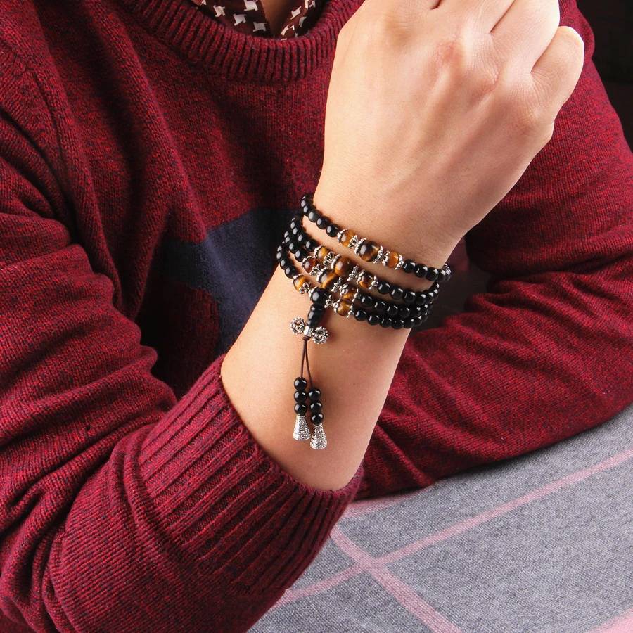 Mâlâ ‘Tigridienne’ 108 Perles En Obsidienne, Œil De Tigre Ou Agate 5 Mâlâ ‘Tigridienne’ 108 Perles En Obsidienne, Œil De Tigre Ou Agate – Image 3